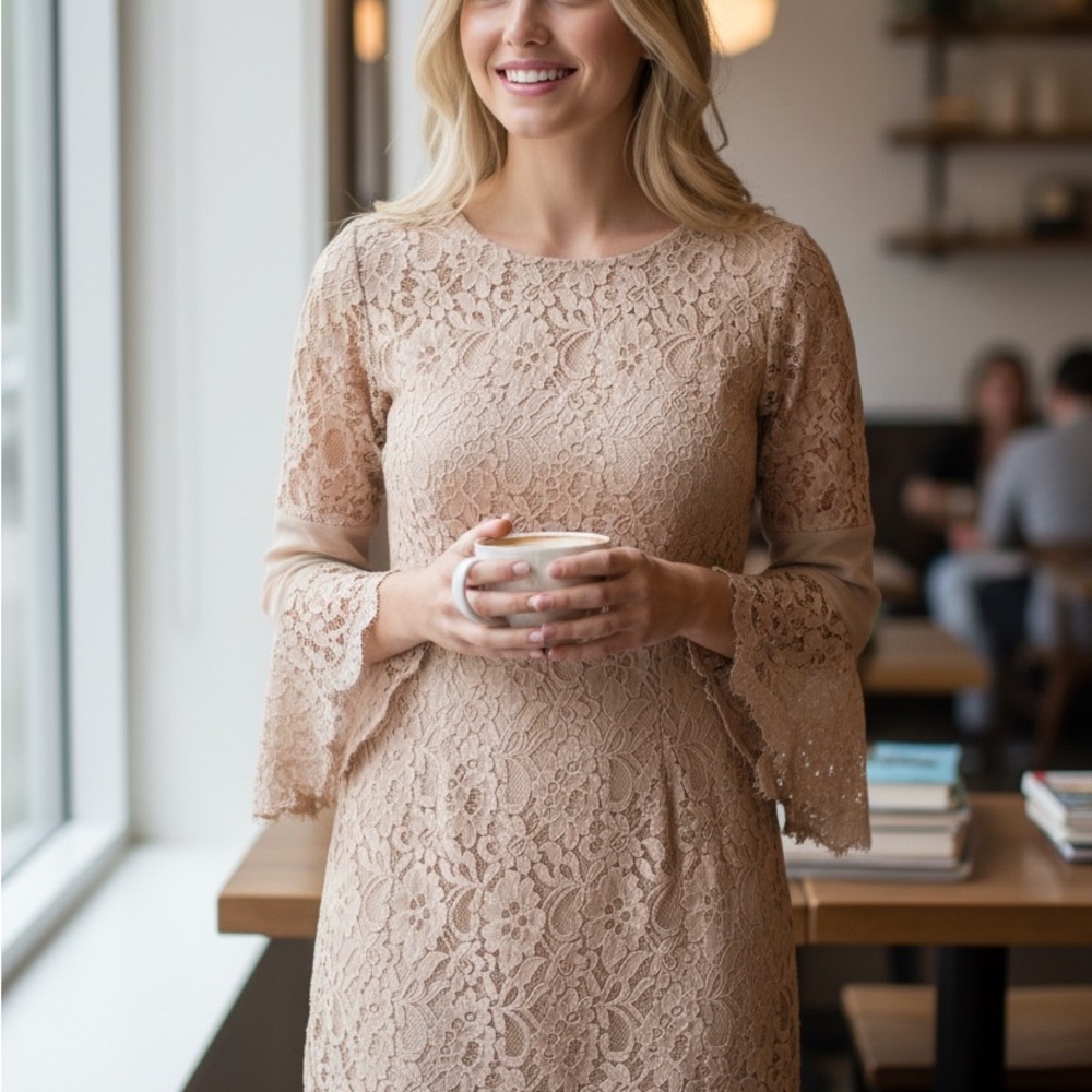 VENUS Lace Long Sleeve Dress in Peach